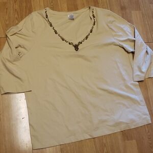 3X AVON tan beaded vee neck tee